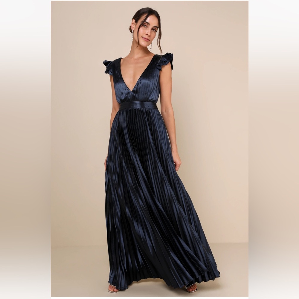 Lulus Exceptional Drama Navy Blue Satin Lace-Up Pleated Maxi Dress